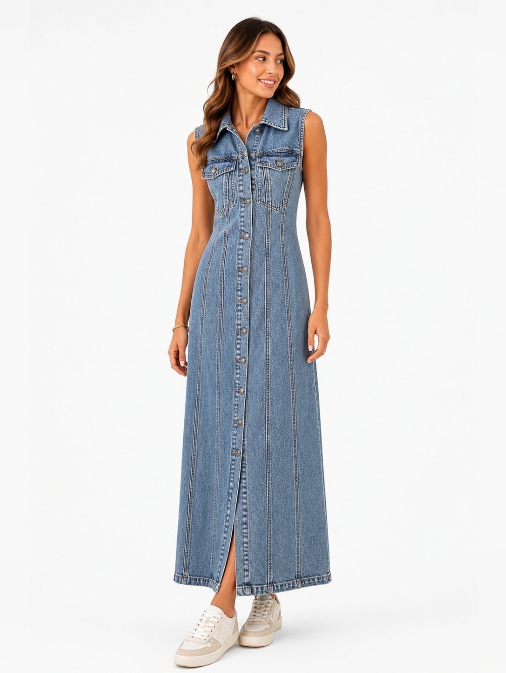 SPORTMAX Catone Denim Maxi Dress Button Front Sleeveless Blue US 10 IT 44 - Picture 2 of 16